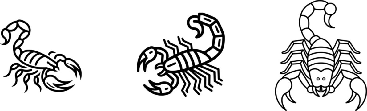 A minimalist black outline icon of a stinging desert scorpion on a pure white background, showcasing its intricate details in a flat vector style