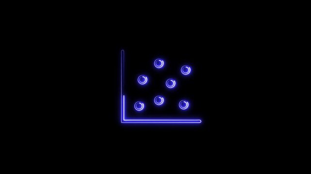 An animated glowing blue neon scatter plot graph on an axis with pulsing data points on a black background, ideal for statistics, data analysis, and technical visualizer.