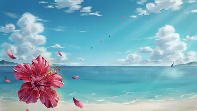 Hibiscus flower drifts across a sunny tropical beach during a gentle breeze with clear blue skies