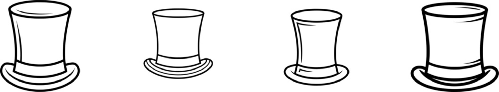 A minimalist black outline of a tall, elegant top hat with thick uniform lines sits atop a pure white background, exuding sophistication and formality