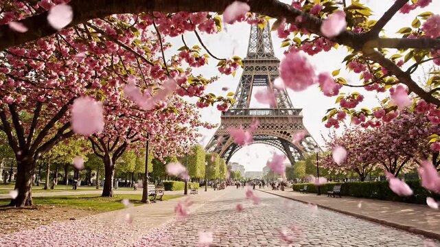 Romantic Parisian Garden Path Framing the Eiffel Tower Through Pink Cherry Blossoms
