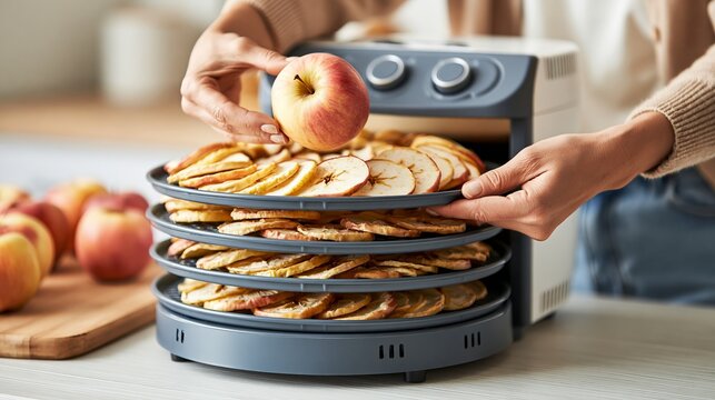 A woman carefully places a fresh apple into a food dehydrator filled with stacked trays of dried apple slices, showcasing healthy snacking
