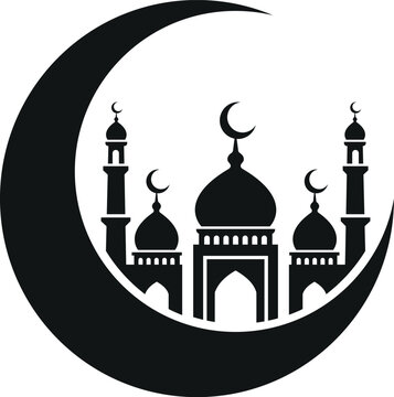 Islamic mosque silhouette inside a crescent moon with crescent religion silhouette architecture