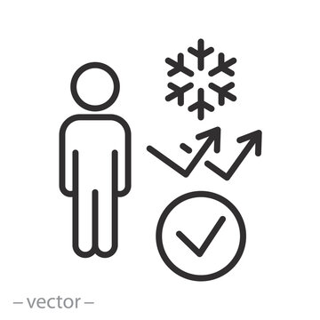 no cold icon, cold protection body person, human protect from snow and freezing, thin line web symbol on white background - editable stroke vector illustration eps10