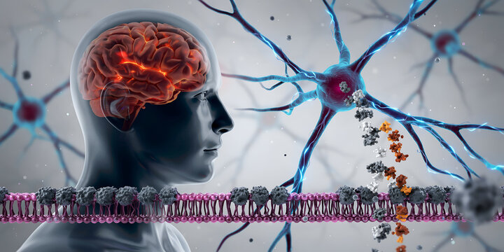 Human brain with glowing neurons and cellular membrane during synapse transmission