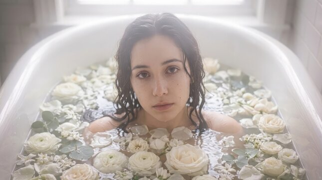 濡れた髪の美しい若い女性が、たくさんの新鮮な白い花びらで満たされた白いバスタブでくつろいでいる。