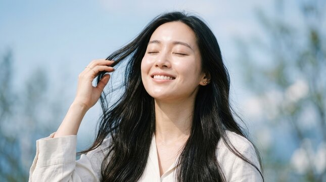 長い黒髪の美しい若いアジア人女性が、晴れた日の屋外で幸せそうに微笑んでいる。