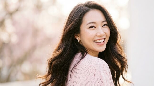 長くウェーブのかかった黒髪の美しい若いアジア人女性が、肩越しにカメラを見ながら明るく微笑んでいる。