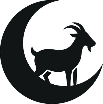 Goat silhouette standing on a crescent moon symbol with crescent sacrifice religion silhouette