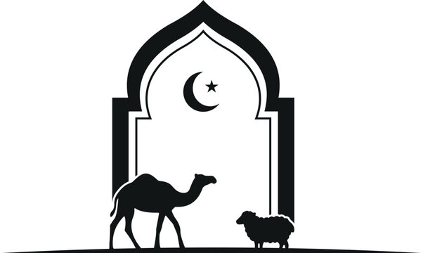 Islamic mosque archway silhouette with camel and sheep silhouette crescent religious minimalist