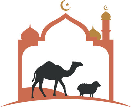 Camel and sheep silhouette icon with mosque archway illustration silhouette sacrificial crescent