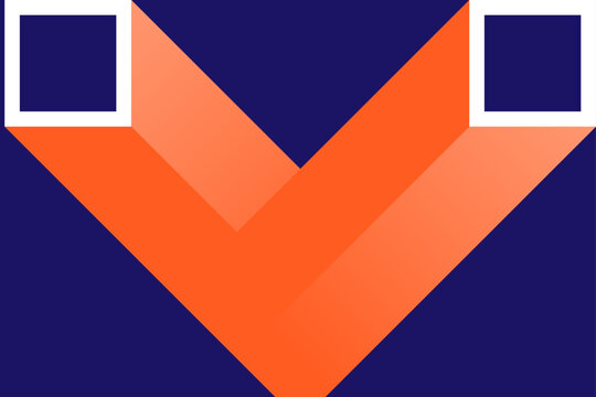 Geometric orange V on a blue background.

