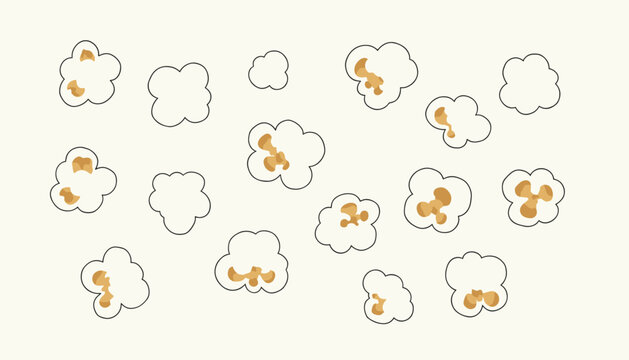 Scattered pieces of delicious freshly popped salty popcorn isolated on a warm light background in flat design.
