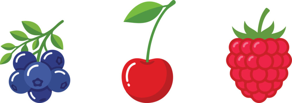 Fresh blueberries cherry and raspberry icons isolated on transparent background design element.