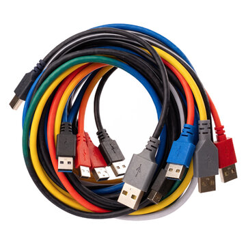 A bundle of colorful USB and HDMI data cables, neatly coiled, isolated, transparent background.