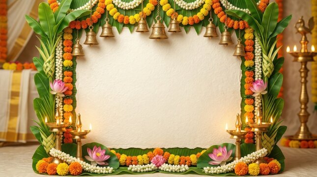 Traditional indian festival background frame with marigold flowers banana leaves and diyas for inviting.