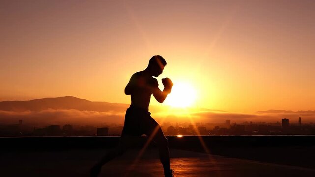 A determined athlete practices shadow boxing techniques on a building rooftop during a golden sunset to improve physical strength and maintain peak health while the sun sets over the urban