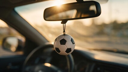 Soccer ball ornament hanging from a car rearview mirror captures the golden sunset glow through the windshield in a bright and warm cinematic evening atmosphere