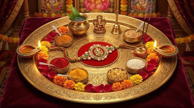 Traditional golden pooja thali decorated with roli chawal and diya for hindu religious ritual ceremony on velvet fabric.