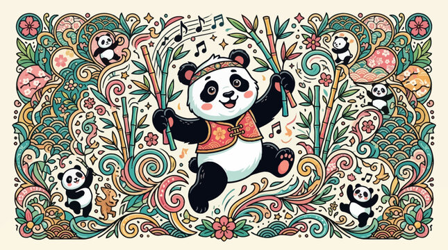 Intricate vector illustration of a giant panda in traditional Chinese attire dancing with bamboo. Features musical notes, cherry blossoms, and ornate swirling patterns in a vibrant doodle style.