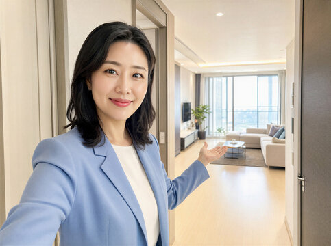 밝은 아파트 거실을 안내하는 한국인 여성 부동산 중개인