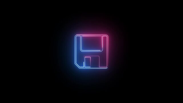Retro floppy disk icons glowing with neon blue and pink light on black background with cinematic movement