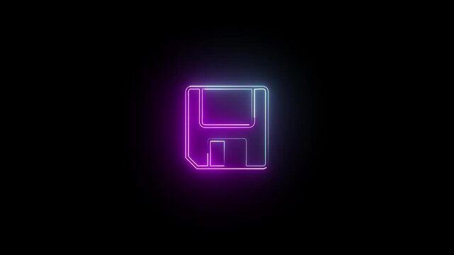 Glowing neon floppy disk icons in a dark grid pattern with smooth camera movement and subtle color shift