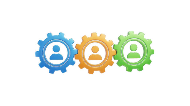 Three colorful gear wheels with human icons isolated on white background isolated on transparent background, illustration