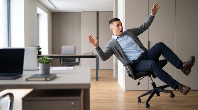 Man falling backward from an office chair. Employee losing balance and stumbling during work. Workplace safety hazard and accident concept in a modern professional business office environment.