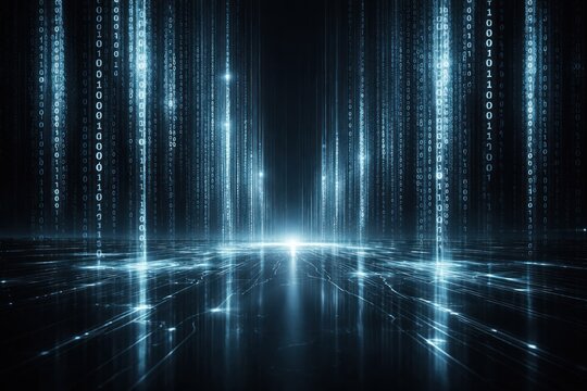 Futuristic digital matrix with glowing binary code and light beams.