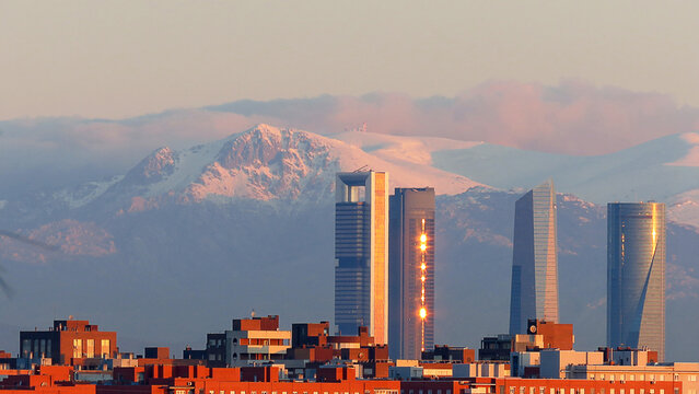 panorama Madrid towers view Bola Del Mundo background Navacerrada  snowy sunrise skyline