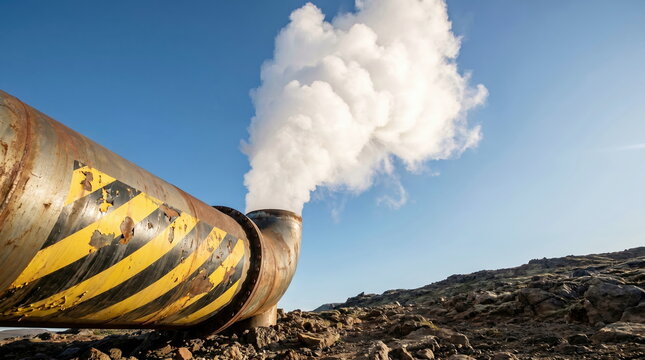 Rusty industrial pipe with warning stripes releasing steam cloud, energy plant safety concept
