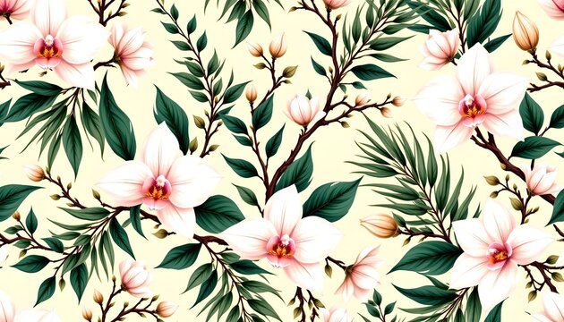 seamless botanical luxury pattern featuring orchids, white lilies, eucalyptus branches and graceful palm fronds, elegant continuous line illustration