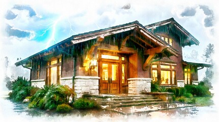 Obraz premium Elegant Craftsman Style House with Warm Wooden Exterior in Watercolor Architectural Illustration