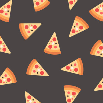 Seamless pattern with colorful pepperoni pizza slices scattered on dark background, tasty italian fast food repeating design for textile print and wallpaper flat vector illustration.