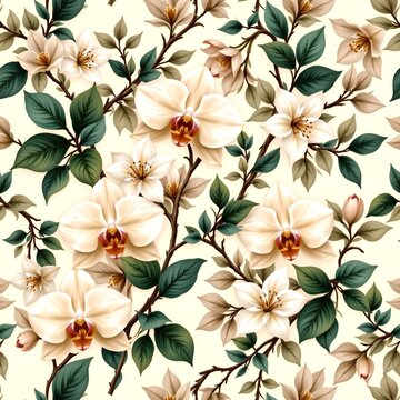 seamless antique botanical pattern featuring orchids, white lilies, jasmine blossoms and eucalyptus foliage, elegant copperplate botanical engraving style, antique ivory paper texture, muted emerald