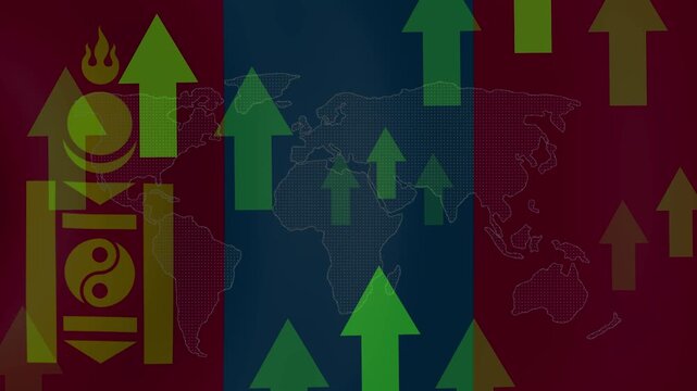 Mongolia's Economic Ascent: A symbolic representation of Mongolia's economic growth, featuring the national flag overlaid with a world map and a multitude of upward-pointing green arrows.