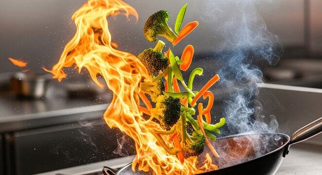 Fresh vegetables being stir fried in a hot pan with flames and smoke.