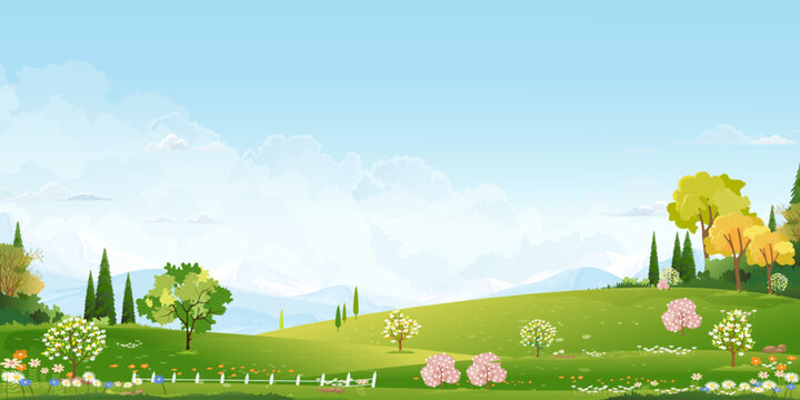 Sky Blue Background, White Clouds,Spring Landscape Village,Colorful Flower Garden,Green Field,Rural Hills Trees, Mountains,Cartoon Vector Illustration Summer Nature Cloudy,Clear Sky,Countryside Meadow