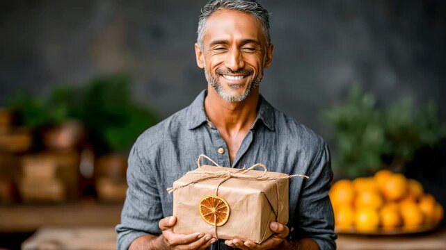 Bookstore Owner Wrapping Gift Book in Brown Paper