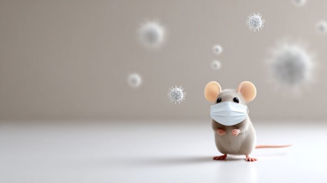 Tiny mouse wears a protective medical mask while standing among floating microscopic virus cells