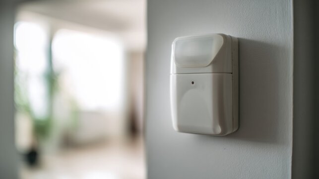 White motion sensor device detects movement on a wall inside a residential building during the day