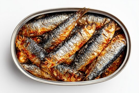 Preserved sardines inside an open metal tin arranged for a healthy seafood snack or meal ingredient