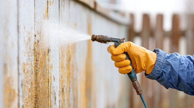 Person wearing yellow gloves sprays water to remove grime from a wooden fence panel