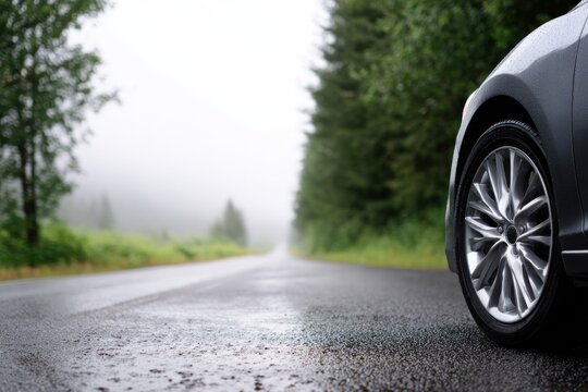 Grey vehicle parked on a rainy road with misty trees in the background during early morning