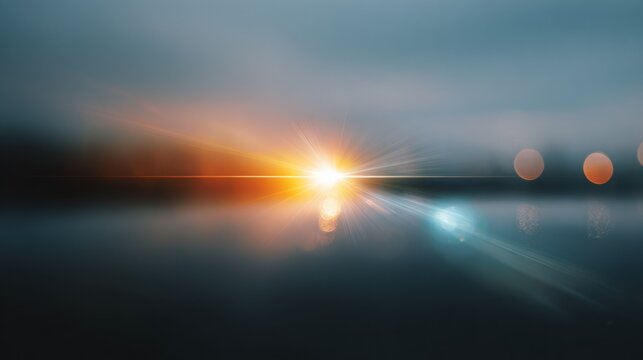 Sunlight sparkles on the dark surface of a quiet lake during the soft light of early morning