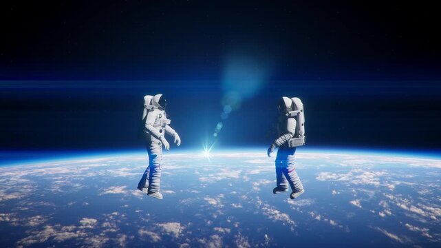 Cinematic Astronauts Floating in Zero Gravity Above Planet Earth Horizon Mission with Bright Sun Flare Over Earth Atmosphere.