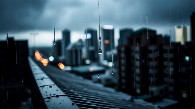 Raindrops fall on a rooftop ledge overlooking a dusky city skyline illuminated by vibrant pink, orange, and blue sunset colors.