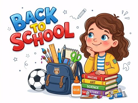 Cute cartoon girl with school backpack, books, and supplies for back to school season, isolated on white background