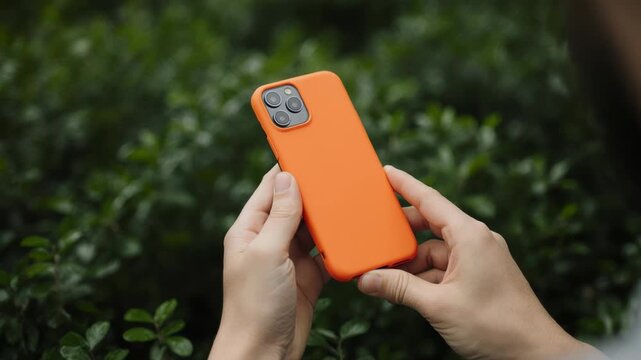 Individual holding an orange smartphone case with a textured surface, surrounded by lush green foliage, showcasing the device from multiple angles in a natural setting